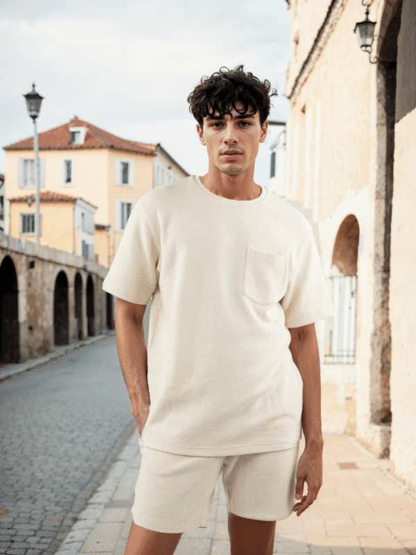 Model in cream outfit in city lane for Celio campaign