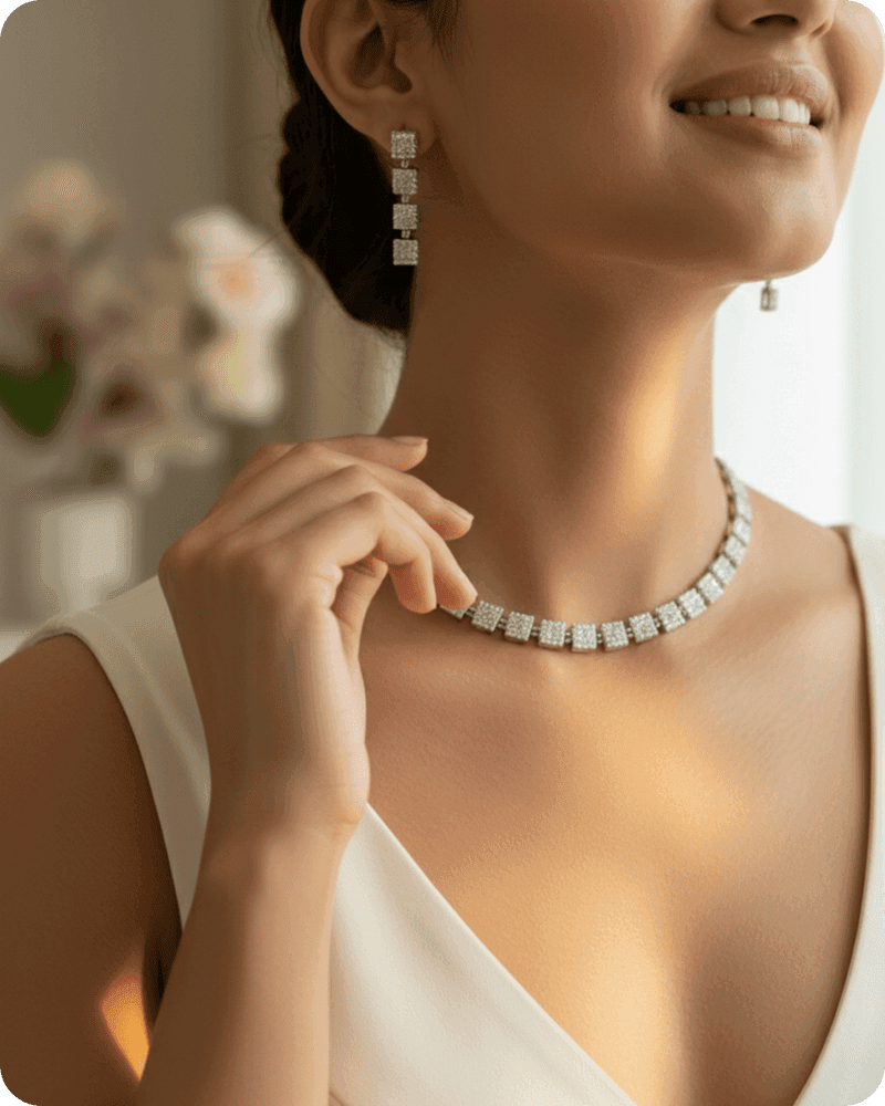 Close-up portrait highlighting a necklace