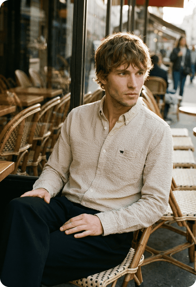 Man seated at a cafe in a lifestyle shot