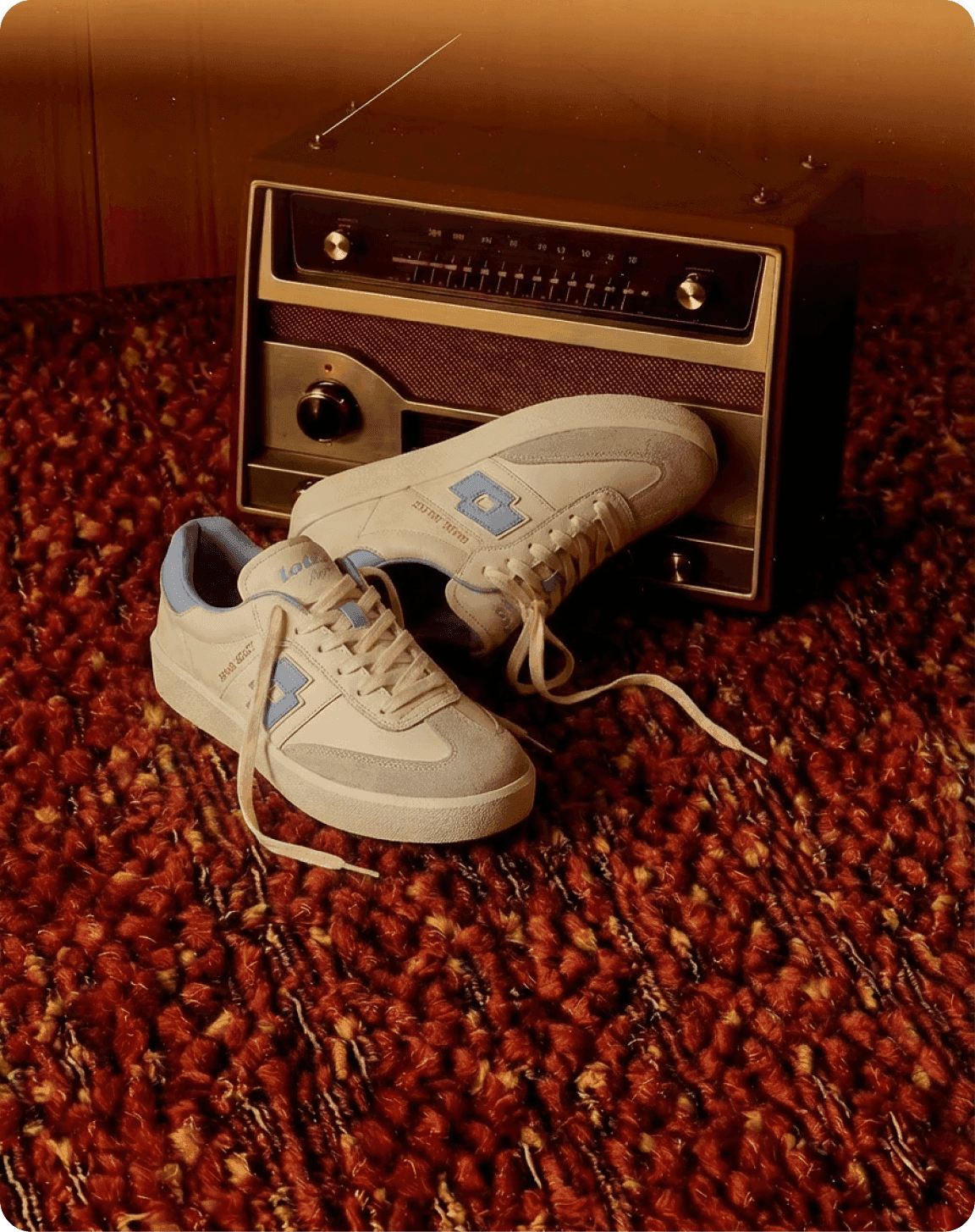 Shoe flatlay with a retro radio prop