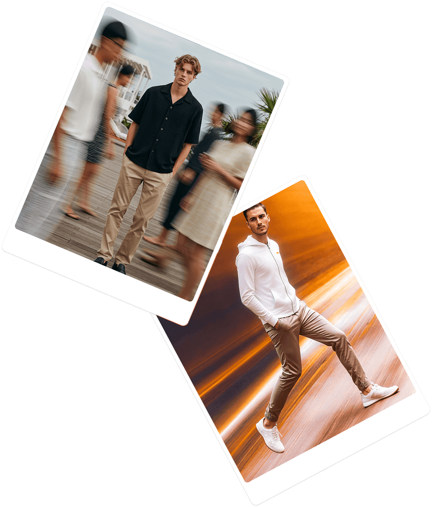 Stacked collage cards with two fashion portraits