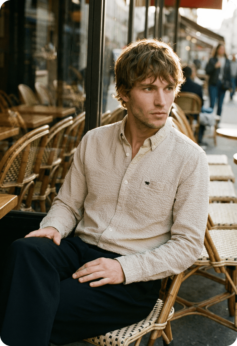 Man seated at a cafe in a lifestyle shot