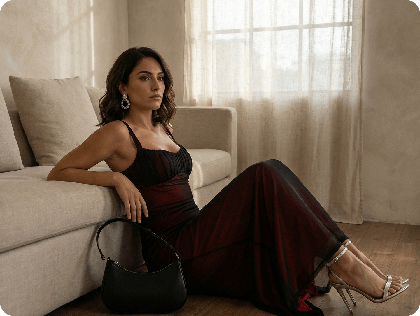 Woman in an evening gown seated in a lounge