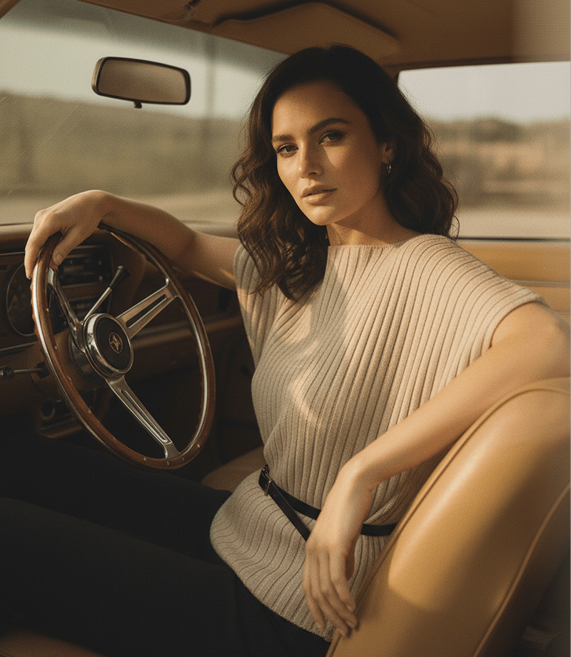 Woman seated in a car interior portrait