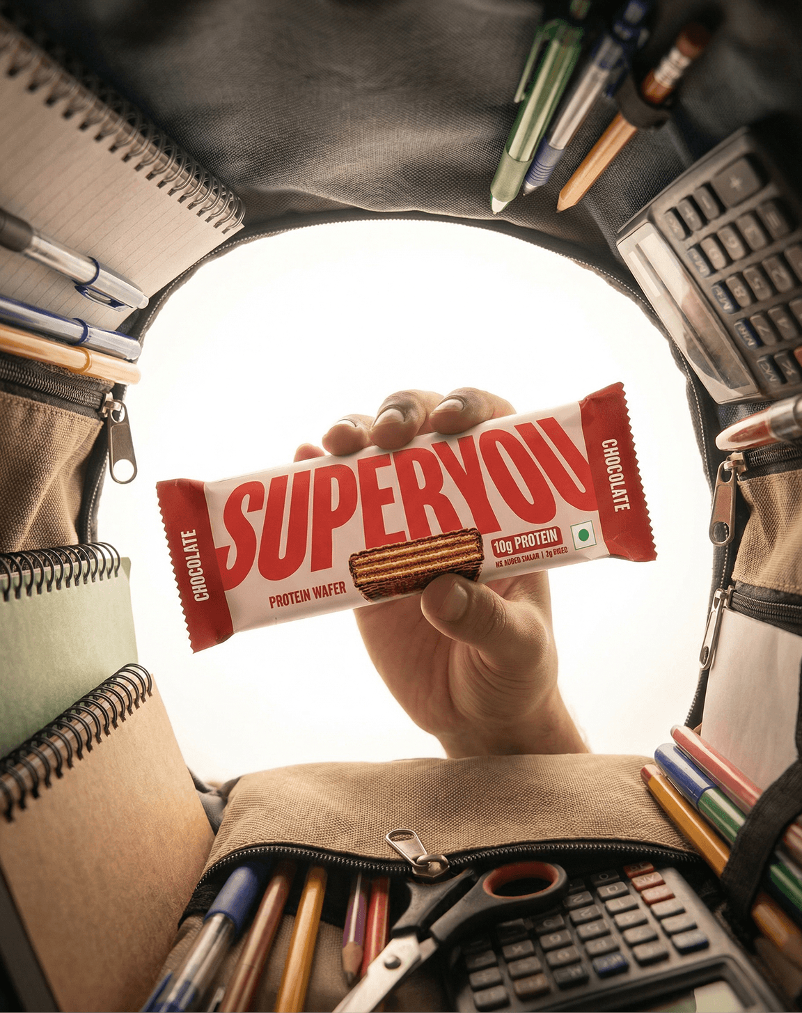 Snack bar shown from inside a backpack